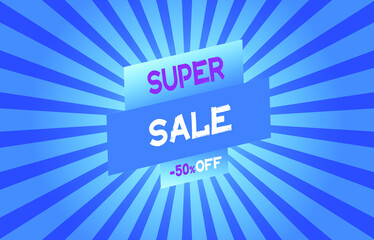 Sales banner on a blue background with stripes, minimalism style. Super sale banner with abstract background, minimalism. Template for a sale in a store or on a website, vector illustration.