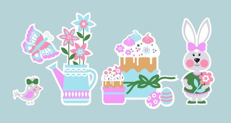 Easter holiday. Vector illustration. Festive set of stickers for Easter. Set of Easter cakes, rabbit, flowers, Easter eggs, butterfly and bird elements.
