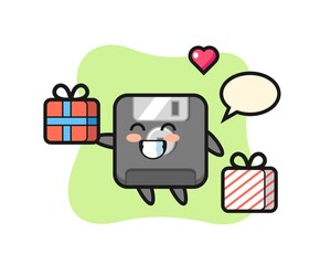 floppy disk mascot cartoon giving the gift