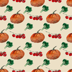 Watercolor seamless pattern with pumpkins, cherry tomatoes, broccoli. Texture for scrapbooking, wrapping paper, invitations.