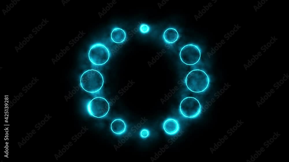 Aufkleber linear neon animation of blue circles of circle with dynamic smoke on black background. motion graph