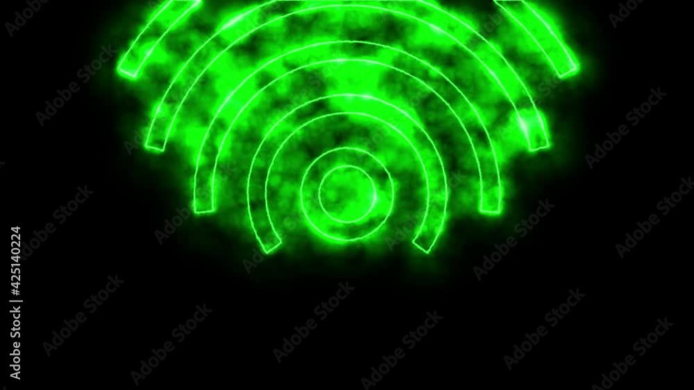 Poster linear neon animation of green abstract circle figure with dynamic smoke on black background. motion