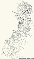 Black simple detailed street roads map on vintage beige background of the quarter 8th Arrondissement (Bonneveine, Les Goudes, Montredon, Perier, La Plage, La Pointe Rouge, Le Rouet, Sainte-Anne, Saint