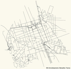 Black simple detailed street roads map on vintage beige background of the quarter 6th Arrondissement (Castellane, Lodi, Notre Dame du Mont, Palais de Justice, Préfecture, Vauban) of Marseille, France