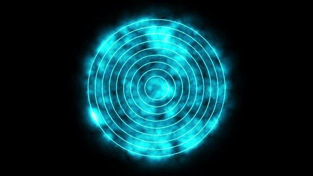 Linear neon animation of blue circle labirint with dynamic smoke on black background. Motion graphic, 4K video