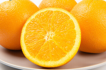 orange slice, half cut orange on white background.