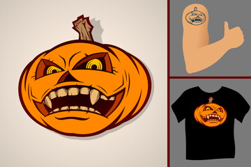 Halloween Pumpkin. Wide open smiling mouth. A symbol of Halloween holiday. Vector illustration in the retro comics inky style. Hard edge shapes, heavy contour lines. For tattoo or t-shirt print design