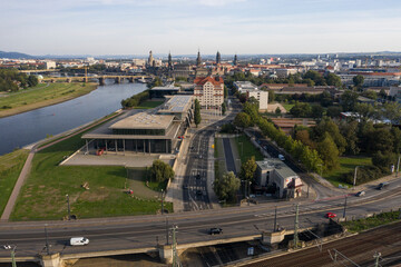 View of International congress center in Dresden with the old town in the background