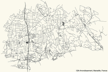 Fototapeta na wymiar Black simple detailed street roads map on vintage beige background of the quarter 12th Arrondissement (Les Caillols, La Fourragère, Montolivet, Saint-Barnabé, Saint-Jean du Désert, Saint-Julien, Les T