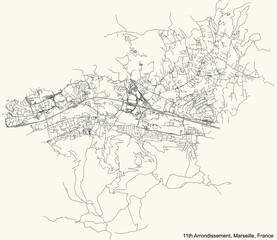 Black simple detailed street roads map on vintage beige background of the quarter 11th Arrondissement (	Les Accates, La Barasse, Les Camoins, Éoures, La Millière, La Pomme, Saint-Marcel, Saint-Menet, 