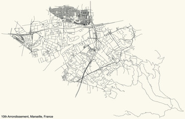 Black simple detailed street roads map on vintage beige background of the quarter 10th Arrondissement (La Capelette, Menpenti, Pont-de-Vivaux, Saint-Loup, Saint-Tronc, La Timone) of Marseille, France