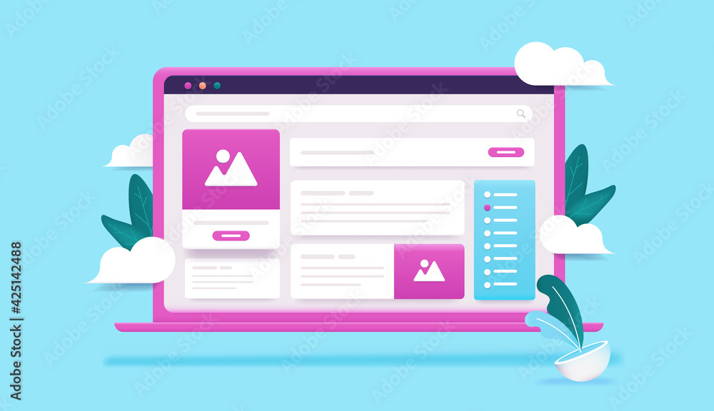 Poster Computer with abstract website - Laptop in 3d vector style with user interface elements, text, buttons and images. Web design concept.