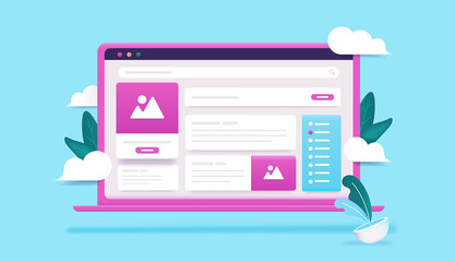 Computer with abstract website - Laptop in 3d vector style with user interface elements, text, buttons and images. Web design concept.