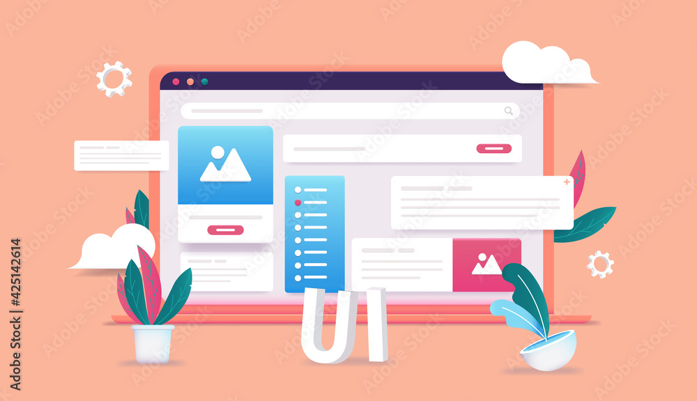 Poster UI and UX design on computer screen - 3d vector illustration of laptop with user interface and web design elements. Editable mockup.