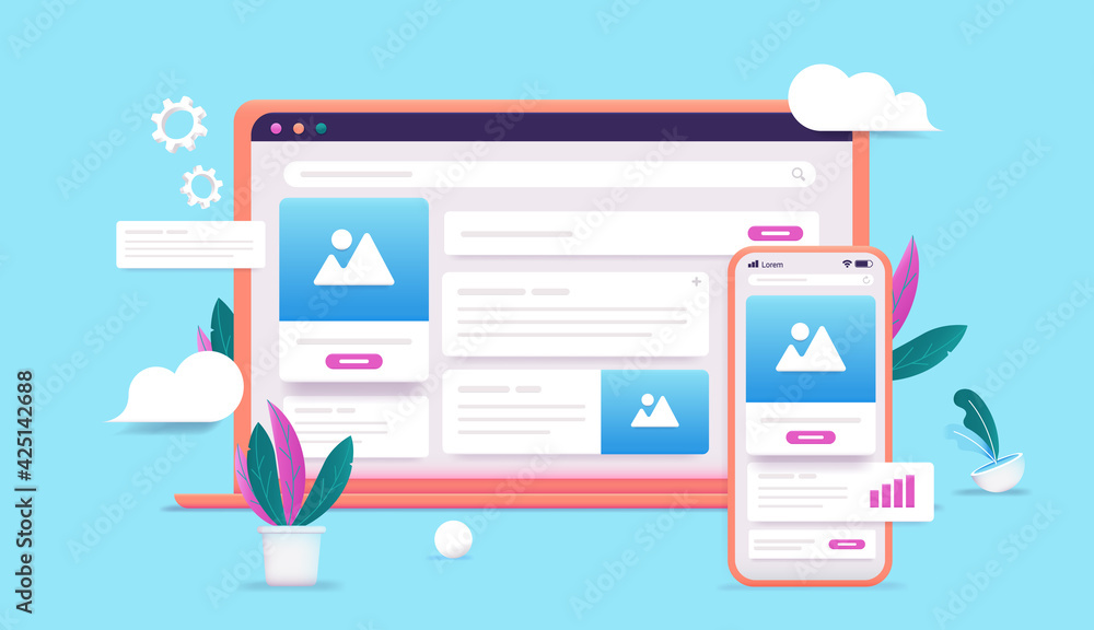 Leinwandbilder Smartphone and computer web design on screen - Cartoon 3d style vector illustration of Laptop and phone with user interface elements in bright colours.
