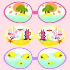 Sunglasses with a sea view. Any background and separate glasses from each other.