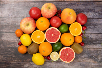 Assorted fresh ripe fruits . Food concept background.