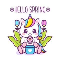 cute happy unicorn with a pot of flower