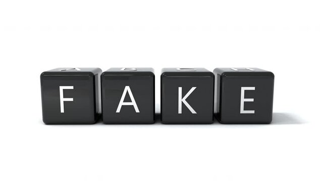 Fact to fake change concept. Transition with black cubes or blocks on white background. Fact checkers and fake news, true or false. Minimalist style. Animation model 3d
