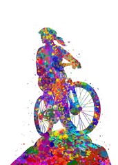 Downhill mountain biker girl watercolor art, abstract painting. sport art print, watercolor illustration rainbow, colorful, decoration wall art.