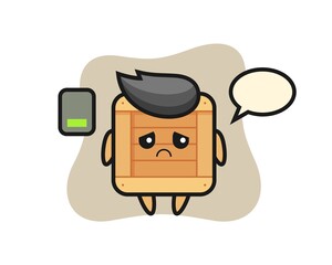 wooden box mascot character doing a tired gesture