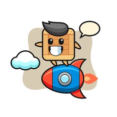 wooden box mascot character riding a rocket