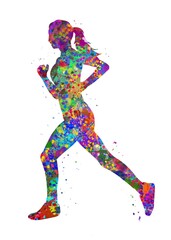 Obraz na płótnie Canvas Runner female watercolor art, abstract painting. sport art print, watercolor illustration rainbow, colorful, decoration wall art.