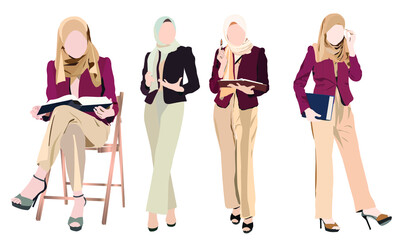 Different poses set vector illustration of young businesswoman standing  in casual dress - 425147274