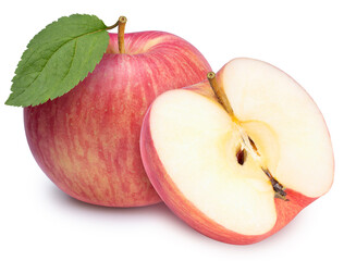 Fresh Apple with leaf on white background, San Fuji Apple isolated on white background. With clipping path.