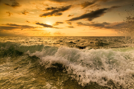 Sunset Ocean Crashing Wave