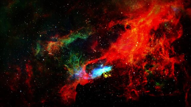 Loop space travel to uncharted galaxy through clusters of sparking plasma cloud, galaxies and stars. 4K 3D seamless looping. Science, sci-fi, space, nebulae, flying past galaxies and star cluster.