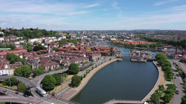 Aerial of the Cumberland Basin, Hotwells and Spike Island in Bristol, England on a sunny day