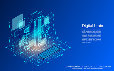 Digital brain, artificial intelligence, digital technology flat 3d isometric vector concept illustration