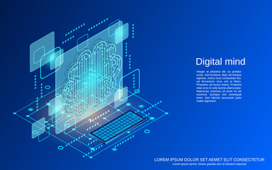 Digital mind, artificial intelligence, digital technology flat 3d isometric vector concept illustration