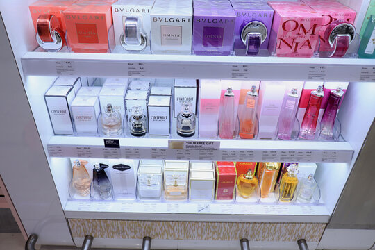 Amsterdam Schiphol Airport, the Netherlands - september 24th, 2019: Bulgary and Givenchy perfumes