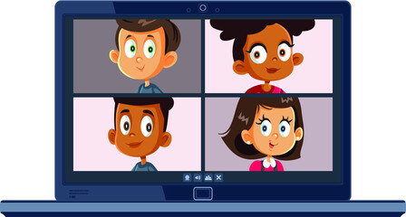 Children Students Attending Online School in Video Conference