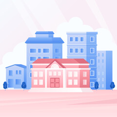 Vector illustration of the cityscape with school and houses.