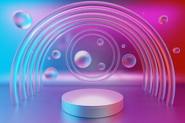 3d illustration of a  white  scene transparent water bubbles  and arch in the background on a   gradient  background. A close-up of a round monocrome pedestal.