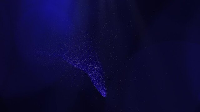 3D animated line generating blue and white particles zig zags towards camera on dark background