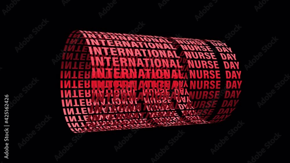 Poster INTERNATIONAL NURSE DAY red color text scrolling cylinder textured pattern wallpaper background concept. 4K 3D render Seamless Looping international nurse day motion design loop effect element.