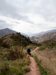 Man walking labrador retriever dog on trail in Ojai Valley with Topa Topa Mountains in the distance on an overcast day