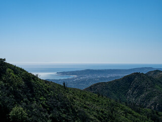 Fototapeta na wymiar Panoramic view of Montecito, Pacific Ocean and Channel Islands from Old Romero Canyon Trail in Montecito, California near Santa Barbara on a clear, sunny spring day