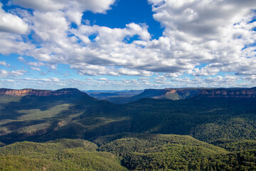 Blue Mountains, Australia. Echo Point Lookout. Deep valley with clouds. 