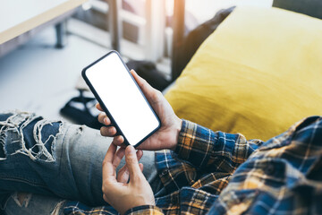 cell phone blank white screen mockup.woman hand holding texting using mobile on desk at office.background empty space for advertise.work people contact marketing business,technology