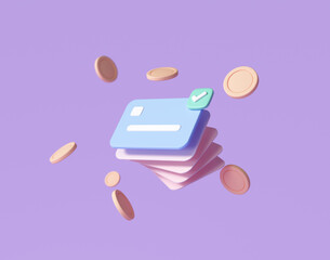 Credit card, floating coins around on purple background. money-saving, cashless society concept. 3d render illustration