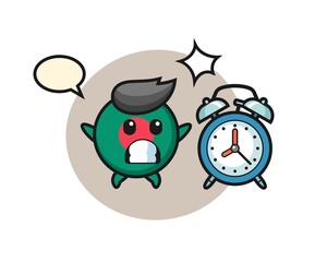 Cartoon Illustration of bangladesh flag badge is surprised with a giant alarm clock