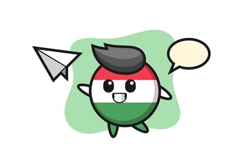 hungary flag badge cartoon character throwing paper airplane
