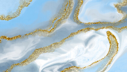 Abstract watercolor grunge background in the form of blue and white marble with gold lines