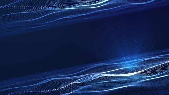 Dynamic circle grid particle wave flowing in blue cyberspace with volumetric spotlight, abstract beautiful futuristic data technology motion background with copy space for adding logo or text design