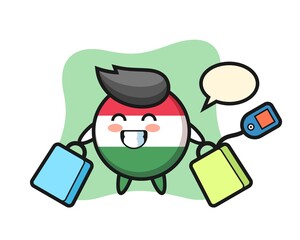 hungary flag badge mascot cartoon holding a shopping bag